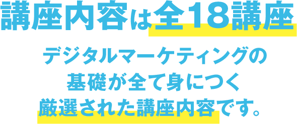 講座内容は全18講座　デジタルマーケティングの基礎が全て身につく厳選された講座内容です。